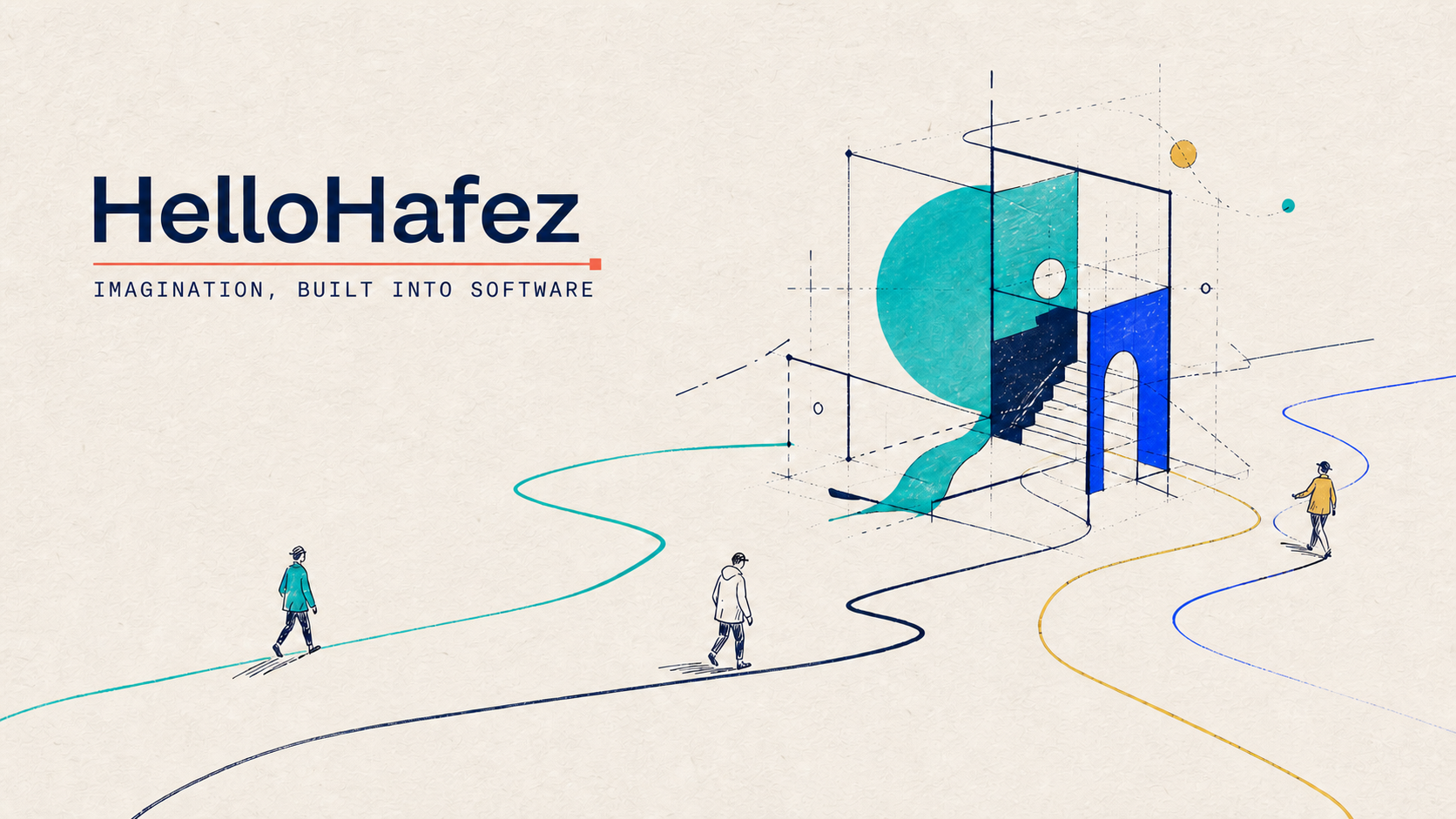 HelloHafez studio artwork with colorful paths and people moving toward a new product