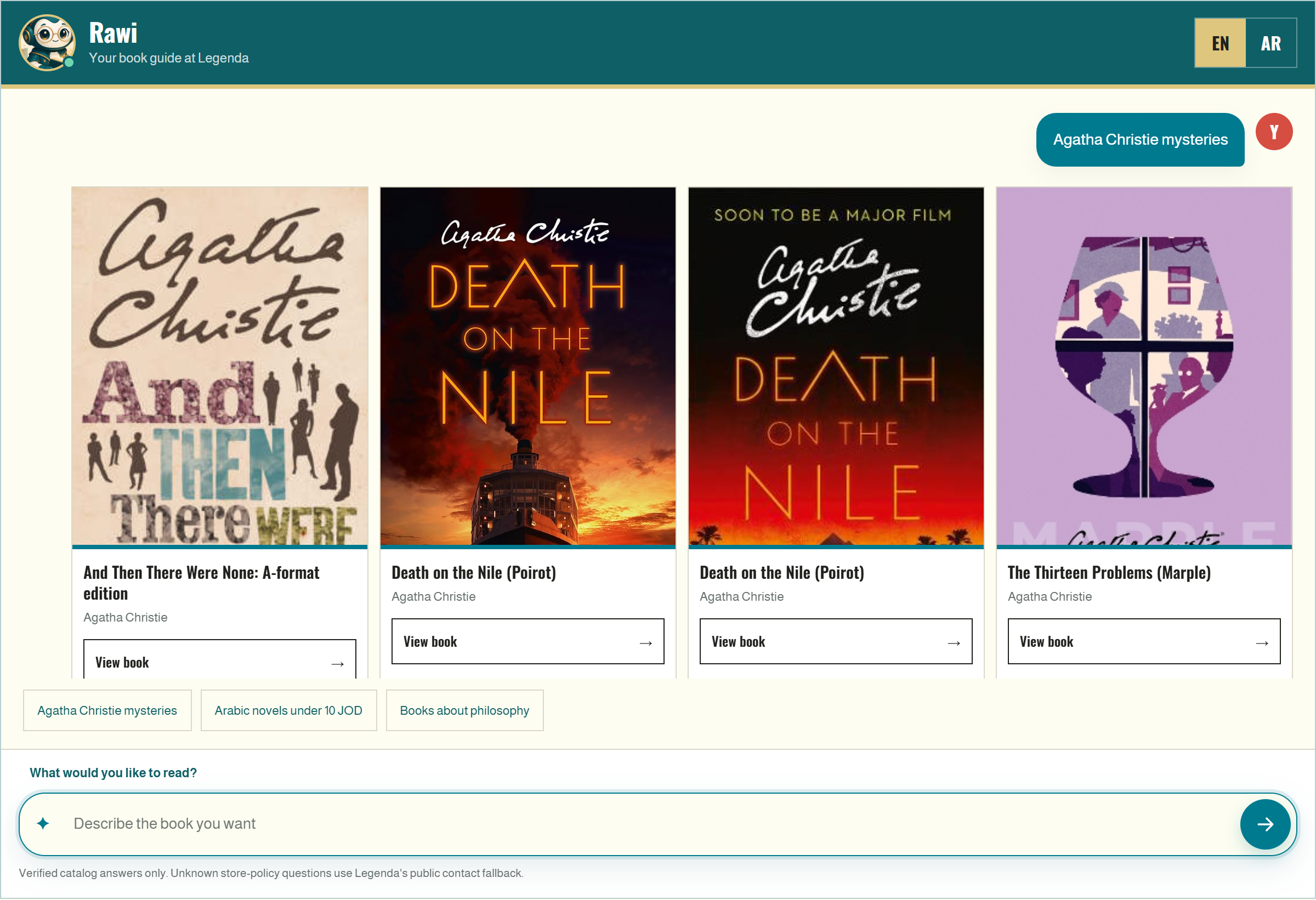Rawi real interface showing book results with covers, titles, and recommendation details